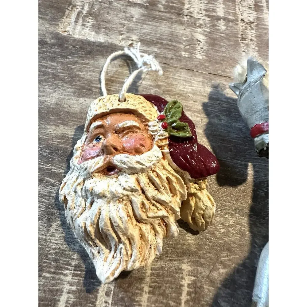 Vintage Santa Face Ornament & Hand Painted Wooden Horse